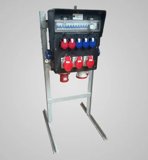 Stromverteiler inkl. Ständer, In CEE63, Out 7x T23, 2x T25, 2x CEE16, 1x CEE32, 1CEE63 (1x FI 30mA, 1x LS32A 3p, 2x LS16A 3p, 3x LS16A 1p)