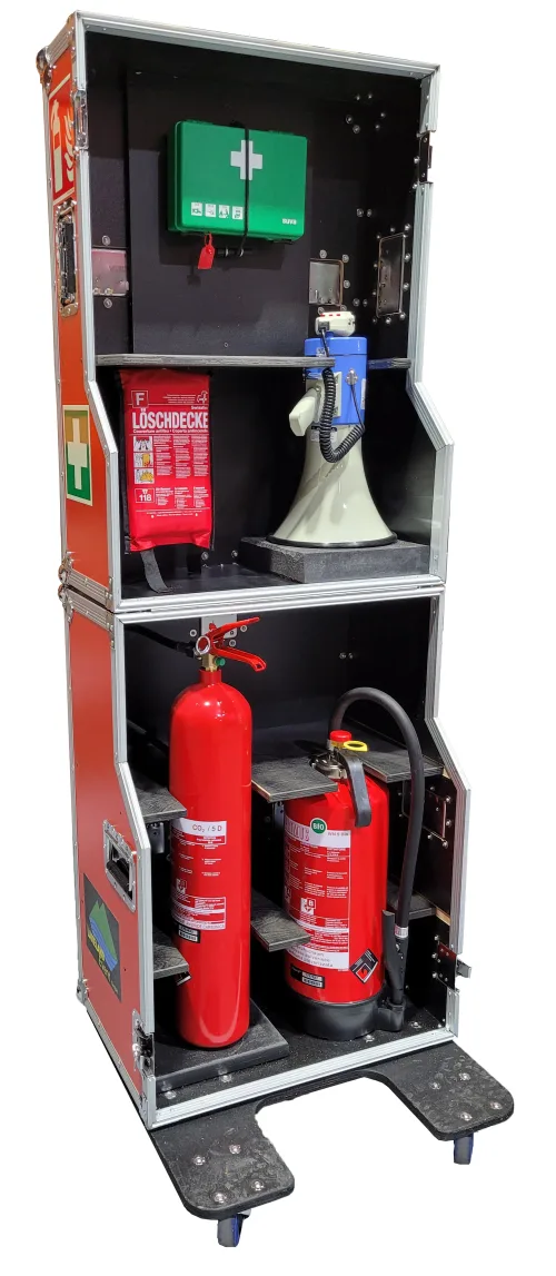 Notfall-Case (Inhalt: 1x Feuerlöscher CO2 5kg, 1x Feuerlöscher Schaum 9L, 1x Erste-Hilfe Apotheke, 1x Feuerlöschdecke, 1x Megafon)