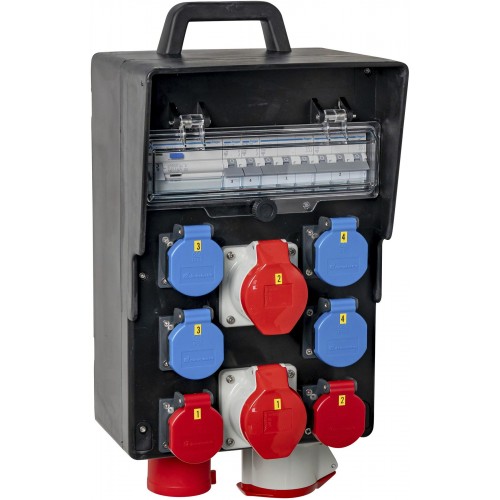 Stromverteiler, schwarz, In CEE32, Out 4x T23, 2x T25, 2x CEE16, 1x CEE32