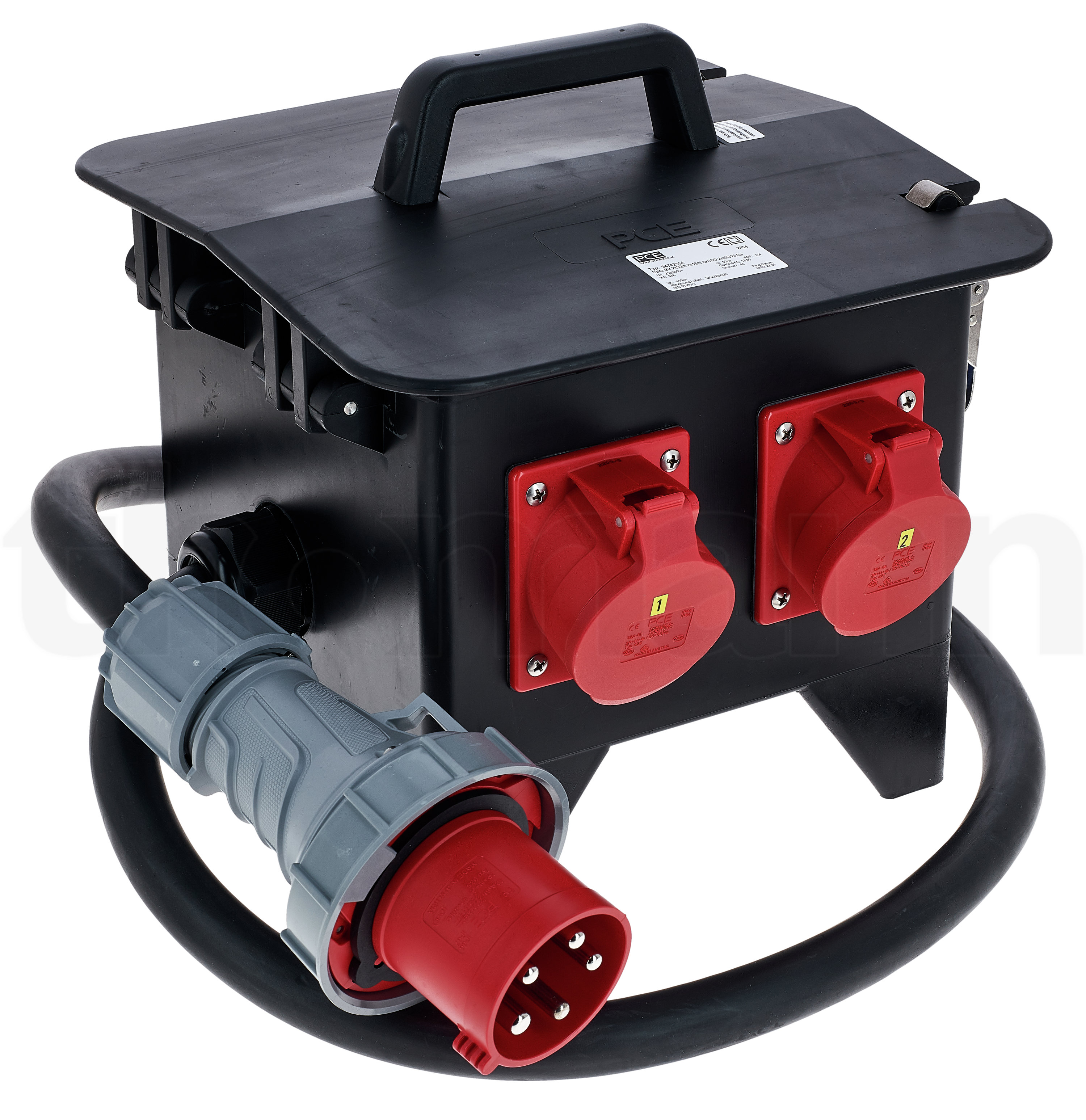 Stromverteiler, schwarz, In CEE63, Out 3x T23, 3x CEE16, 3x CEE32, (1x FI30mA, 2x LS16A 1p, 3x LS16A 3p, 3x LS32A 3p)