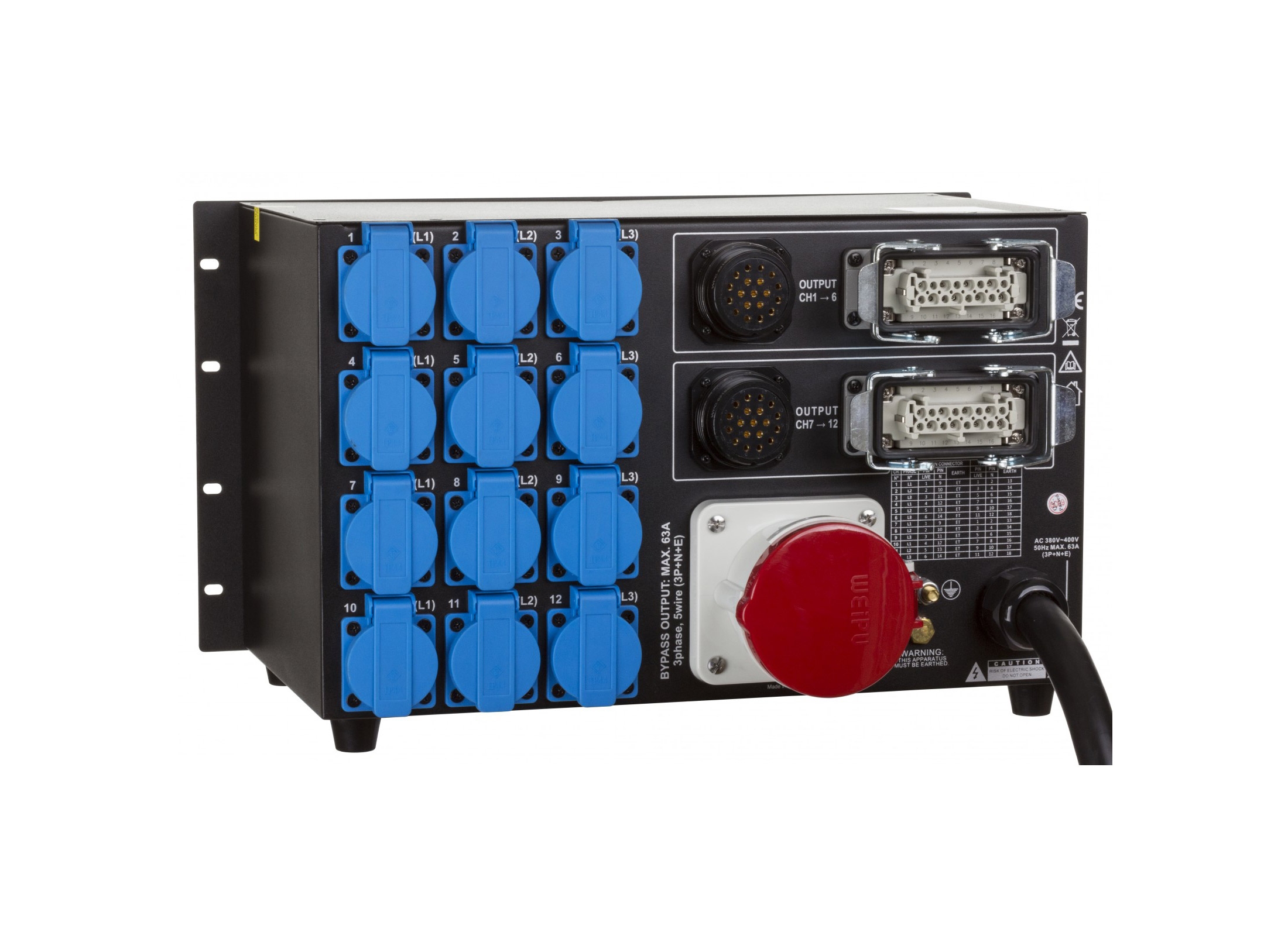 Stromverteiler, Case, In CEE63, Out 12x T23, 2x Harting,  2x Socapex (1x FI 30mA, 1x LS63A 3p, 12x LS16A 1p)