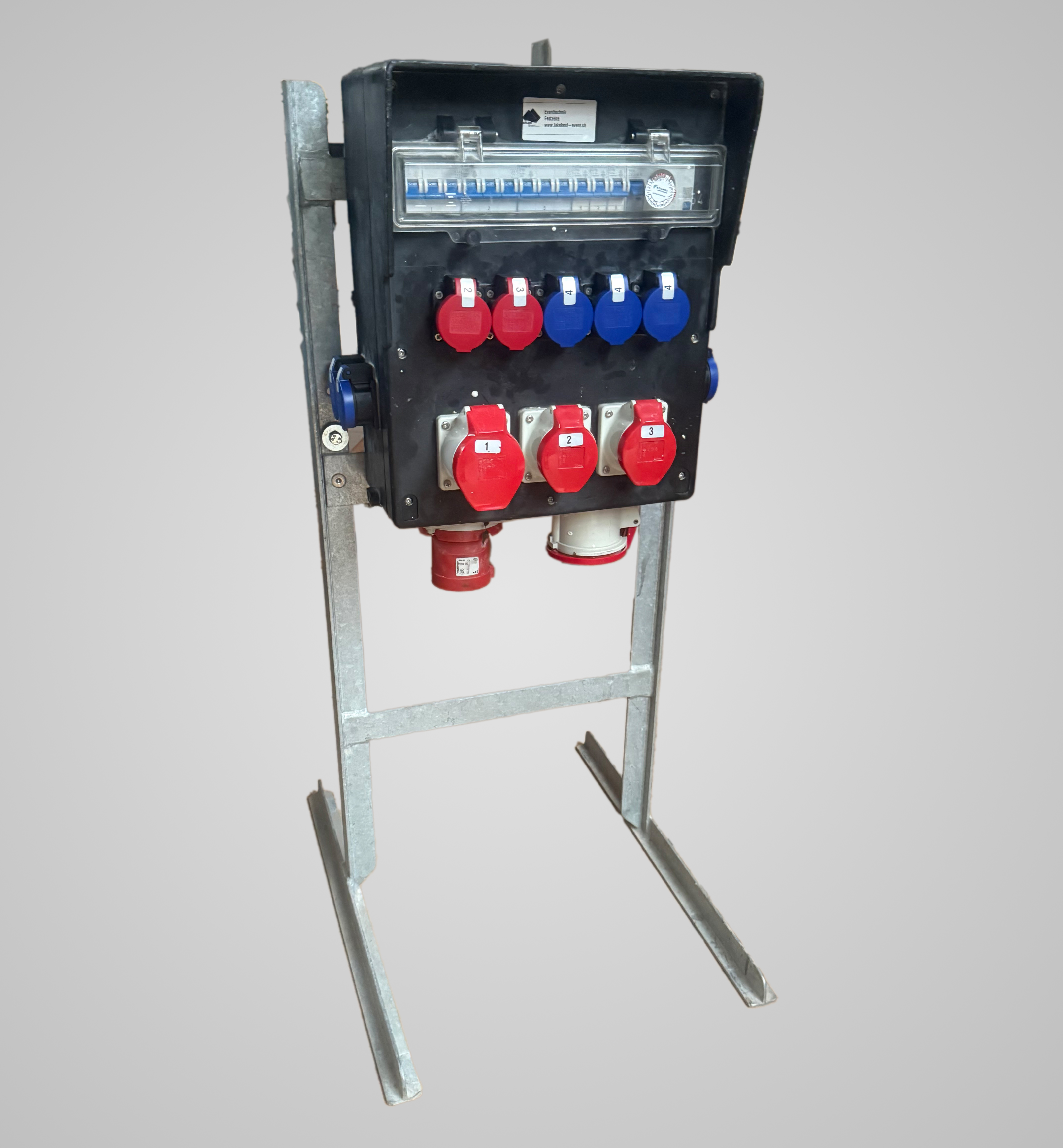 Stromverteiler inkl. Ständer, In CEE63, Out 7x T23, 2x T25, 2x CEE16, 1x CEE32, 1CEE63 (1x FI 30mA, 1x LS32A 3p, 2x LS16A 3p, 3x LS16A 1p)